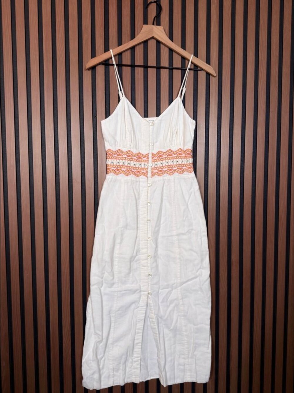 Tularosa Dress 2XS Womens White Midi Column Button Front Waist Floral Beads Trim